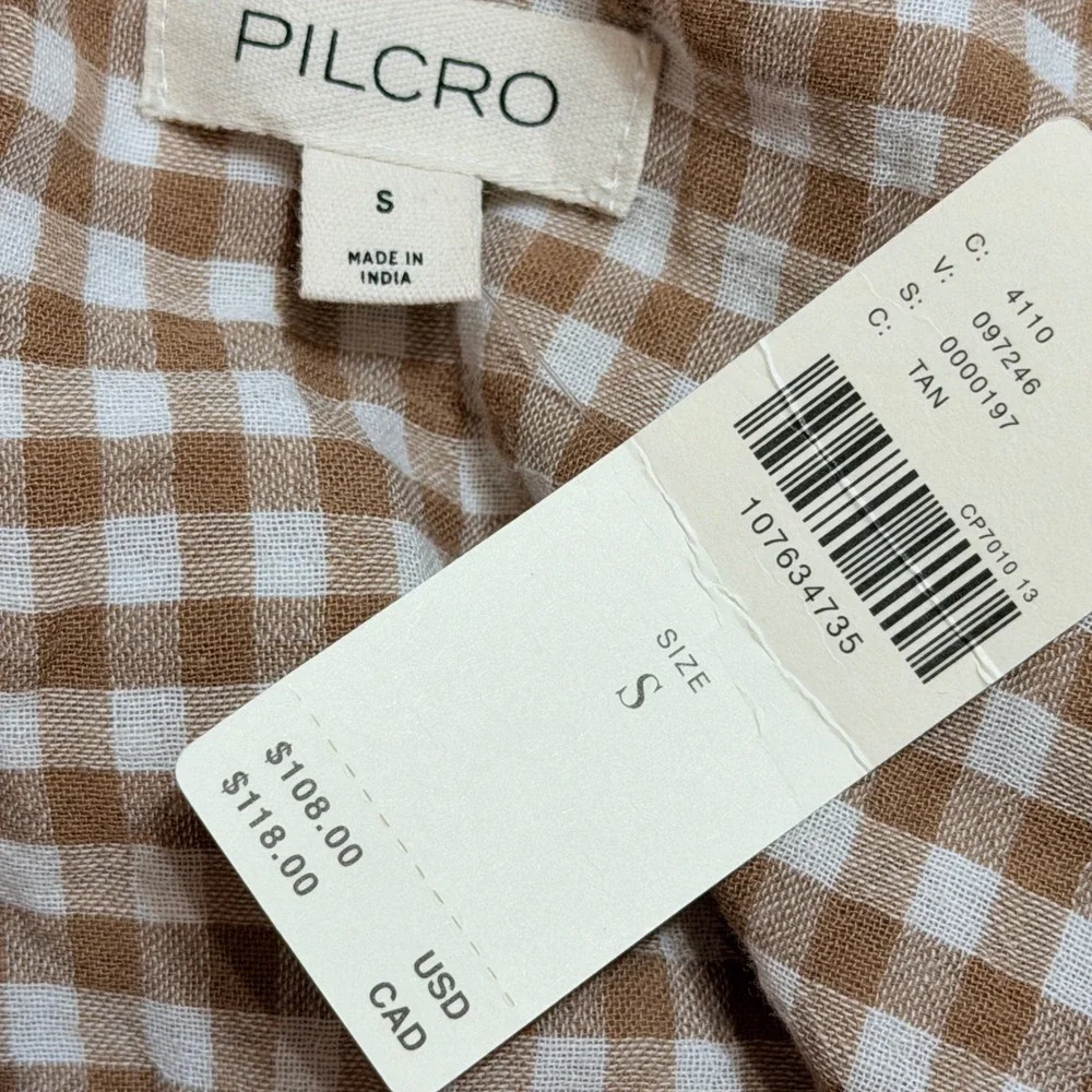 Anthropologie Tan Gingham Cotton Puff Sleeve Henley Top Boho Blouse small